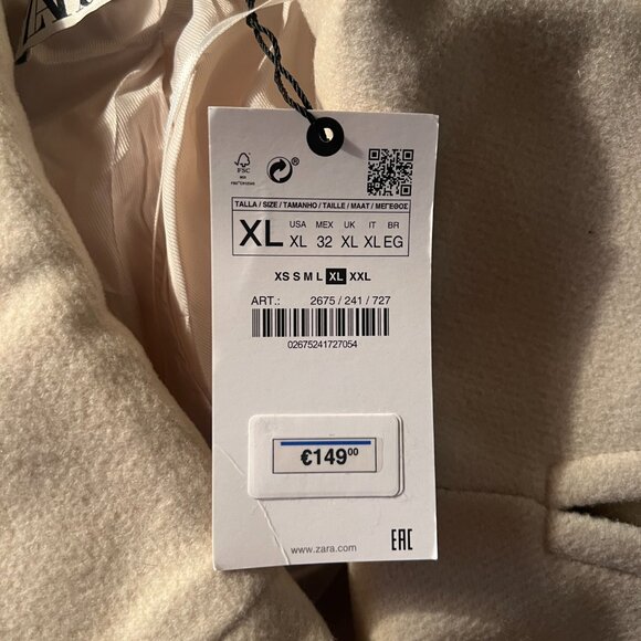 ZARA WOMEN CREAM OVERSIZED COAT WITH POCKETS SIZE XL NWT 200$ - Picture 8 of 8